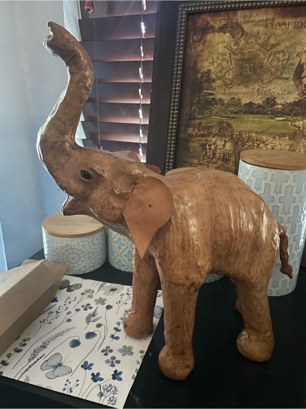 Vintage Leather Wrapped Elephant Figurine Statue Trunk Up Good Luck Decor